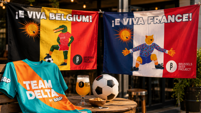 Vlaggen op maat voor het WK bij de België-Frankrijkactivatie van Brussels Beer Project